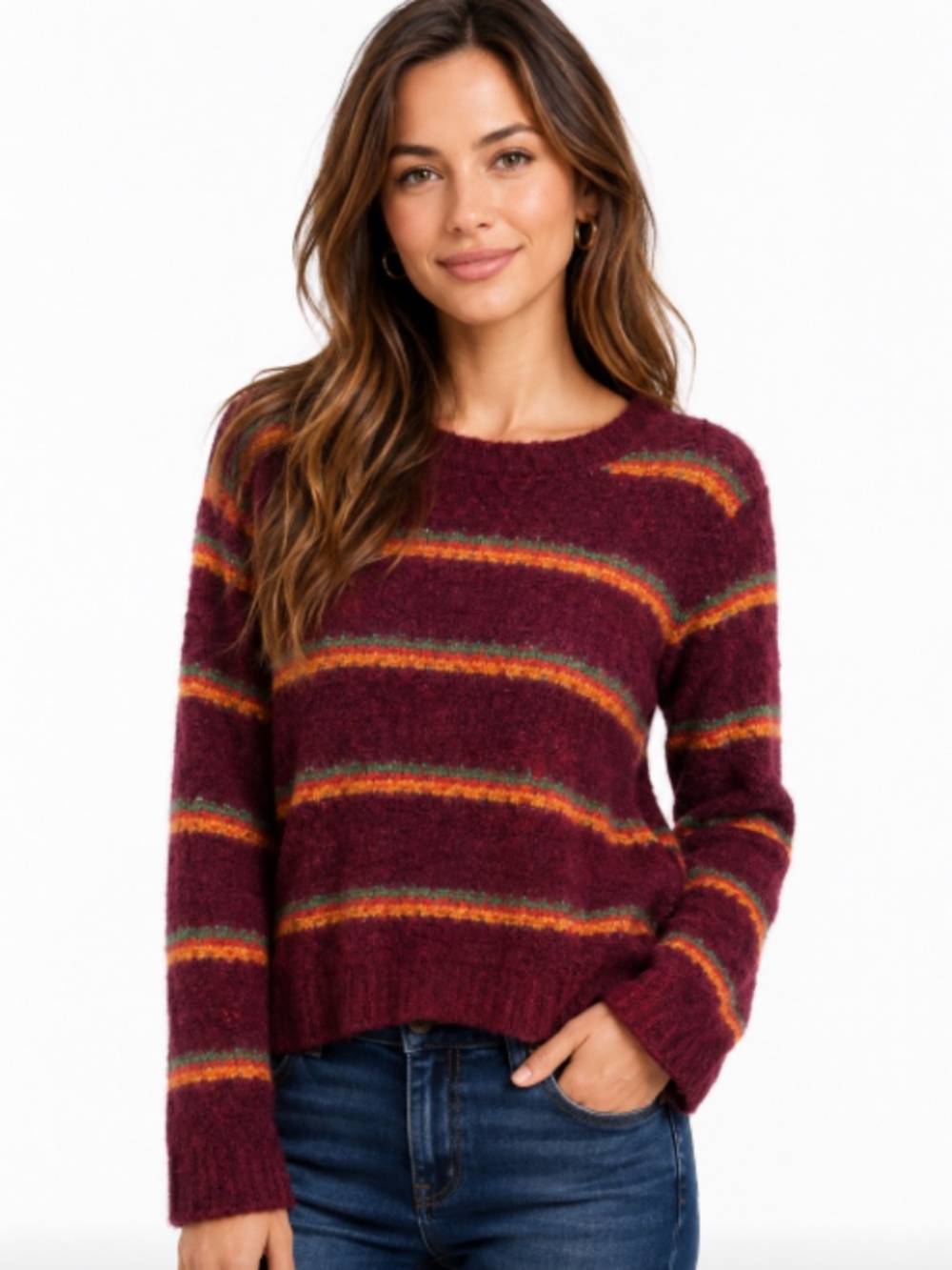 Free People Fuzzy‎ Striped Crewneck Sweater Burgundy Rainbow Knit Sz S